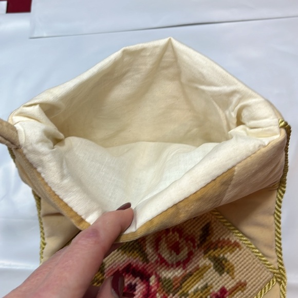 Pink ROSES cross stitch VELVET Christmas Stocking GOLD roping VINTAGE Victorian - Picture 9 of 13